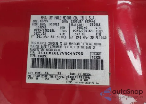 1997 Ford F-150 Lariat/Xl/Xlt из США, поврежденный, VIN 1FTEX18L7VNC44793